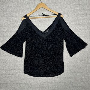 Always Indigo Sz M Burnout Velvet Top‎ Floral Bell Sleeve V Neck Goth Whimsigoth